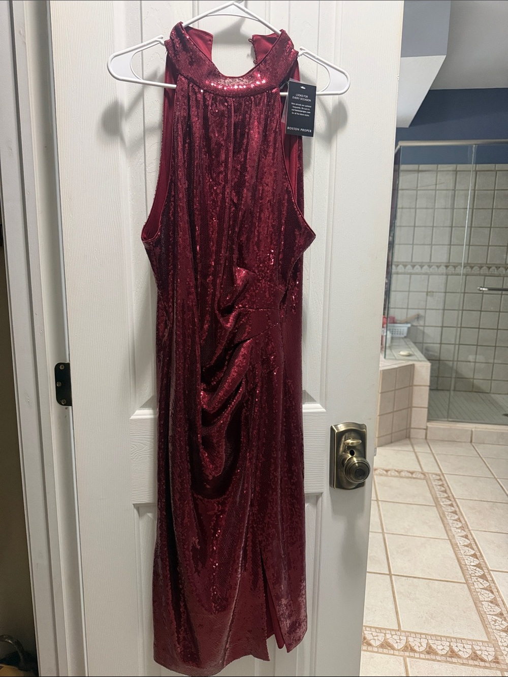 Boston Proper Sequined Halter Prom Dress in Wine